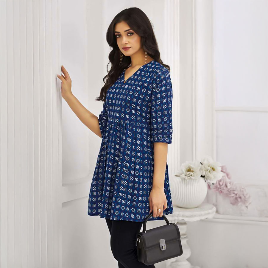 Blue Cotton Printed Kurti