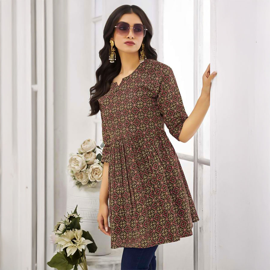 Brown  Cotton Printed Kurti