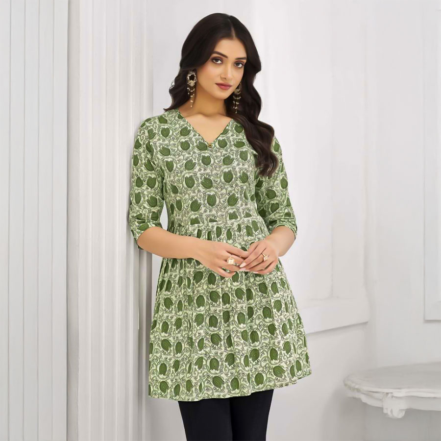 Green  Cotton Printed Kurti