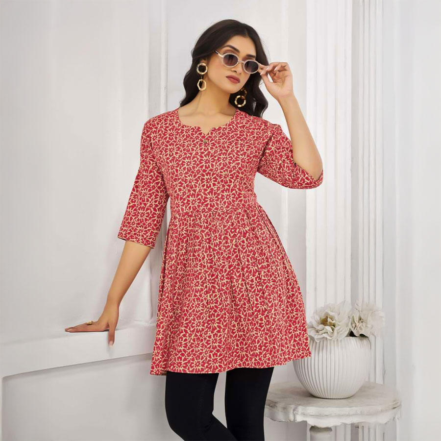 Orange  Cotton Printed Kurti