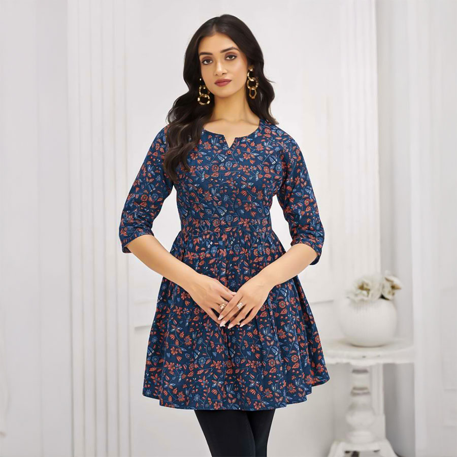 Blue Cotton Printed Kurti