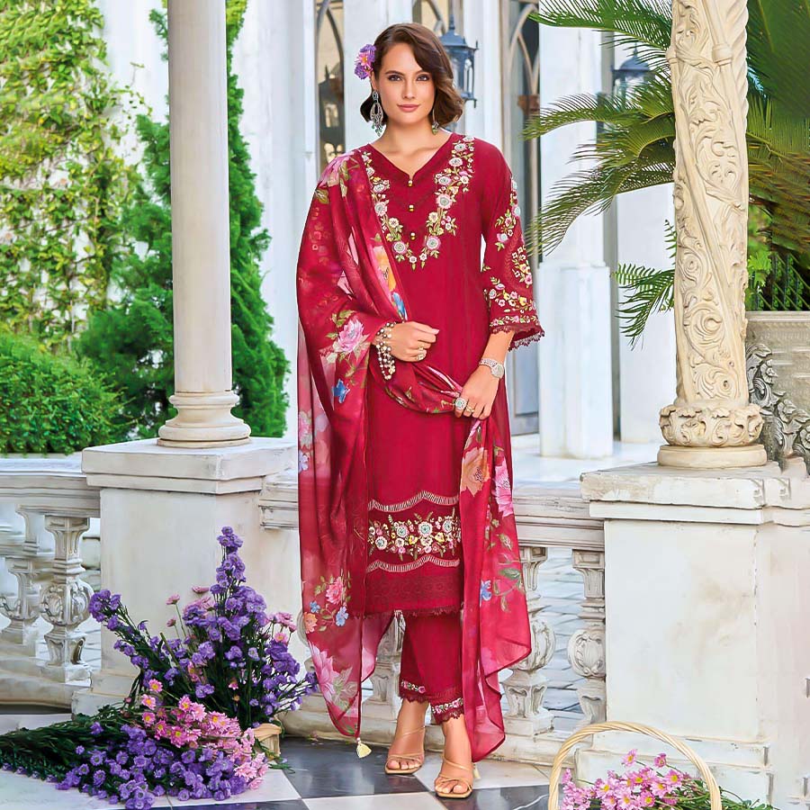 Red  Viscose Casual Wear Salwar Kameez