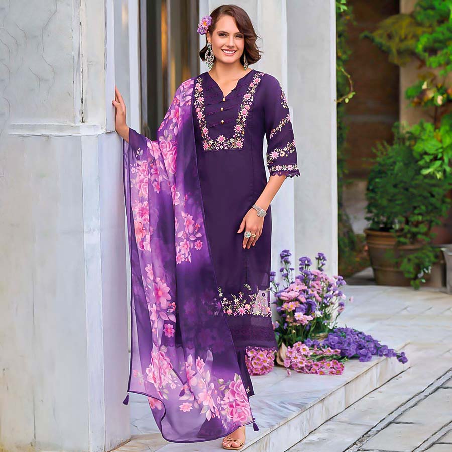 Violet Viscose Casual Wear Salwar Kameez