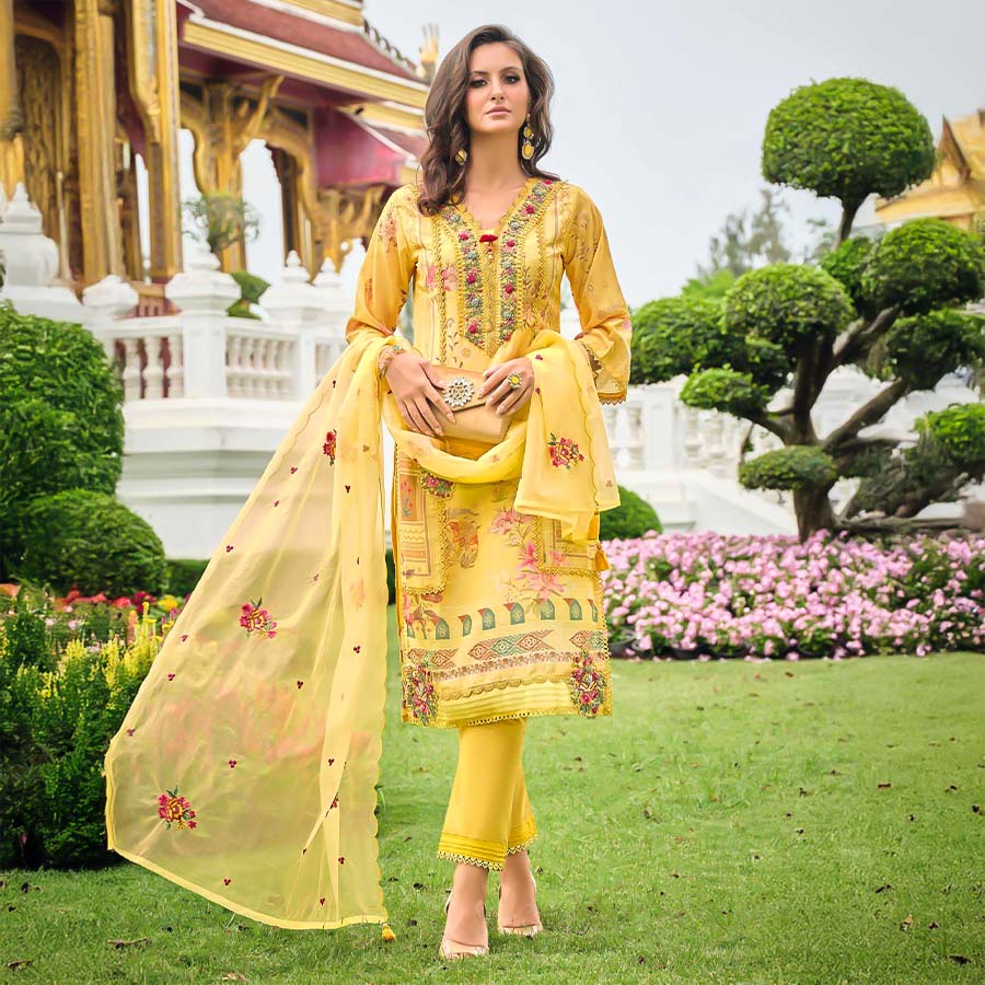 Yellow Muslin Casual Wear Salwar Kameez