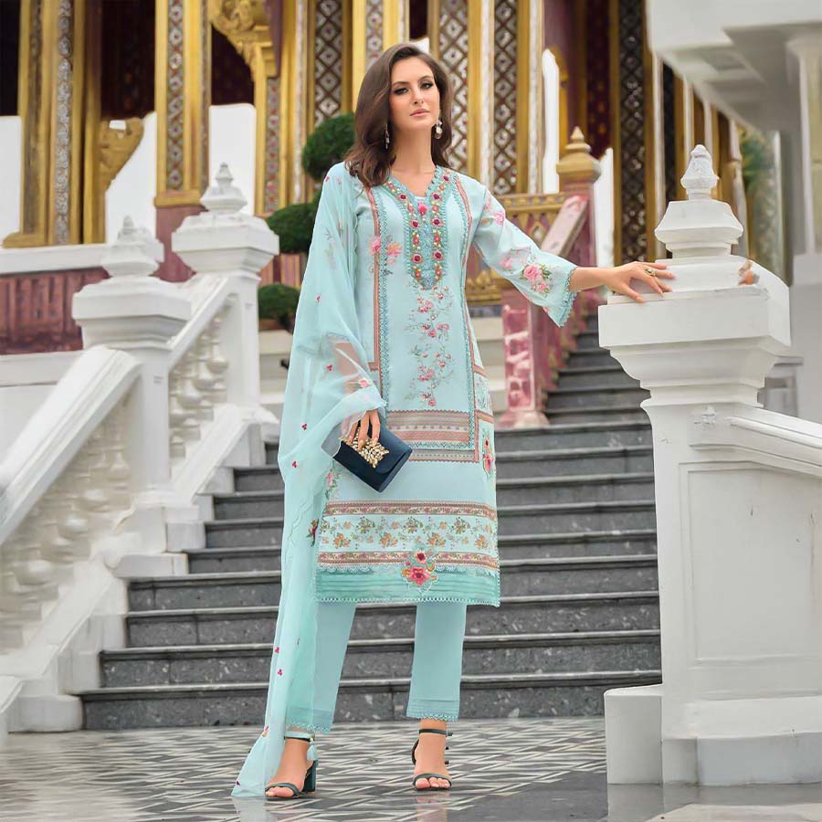 Sky Blue Muslin Casual Wear Salwar Kameez