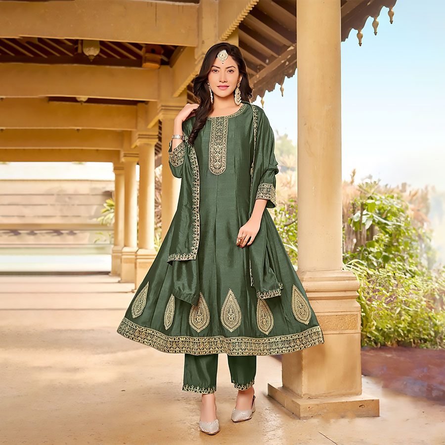 Green Vichitra Anarkali Suit