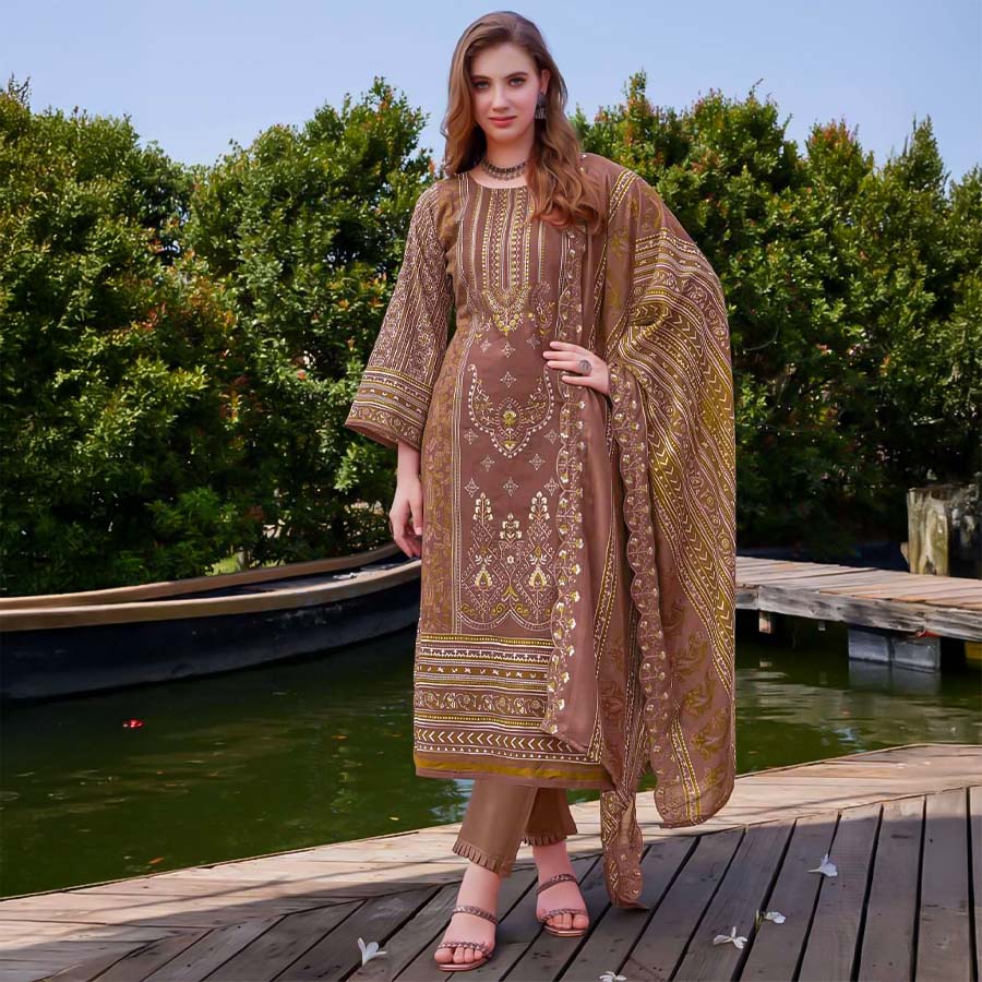 Brown  Cambric Lawn Cotton Printed Salwar Kameez