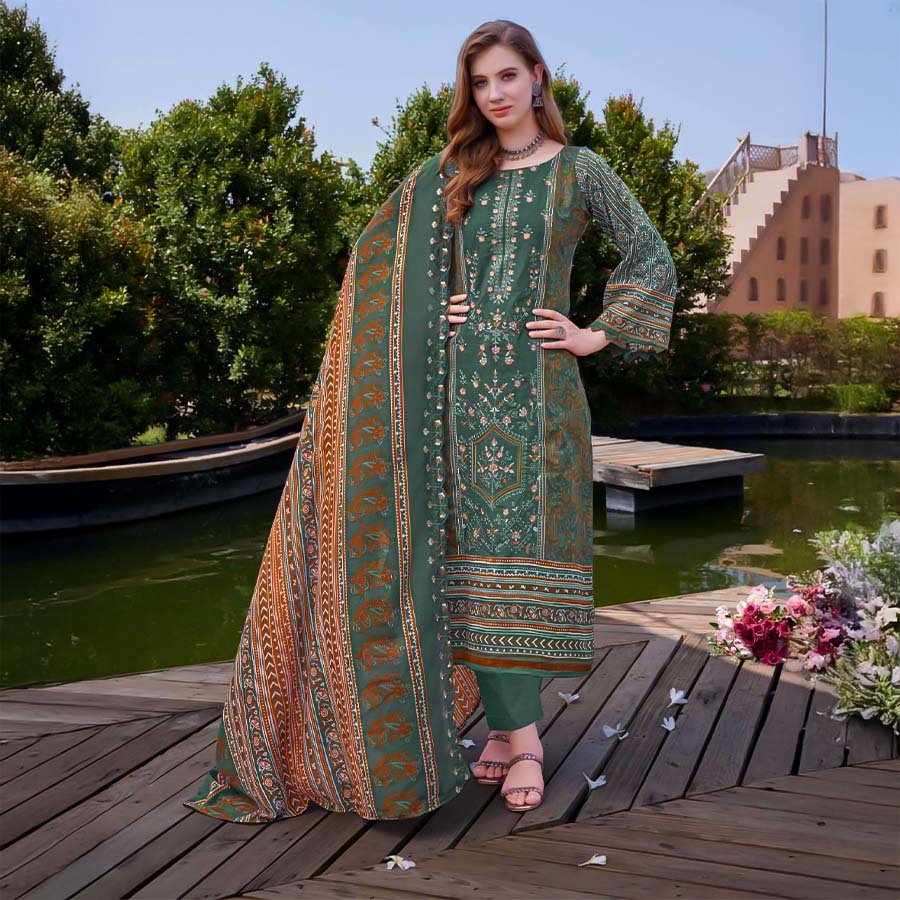 Green  Cambric Lawn Cotton Printed Salwar Kameez