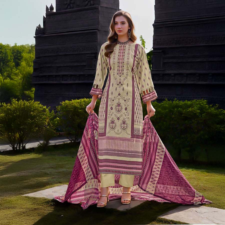 White  Cambric Lawn Cotton Printed Salwar Kameez