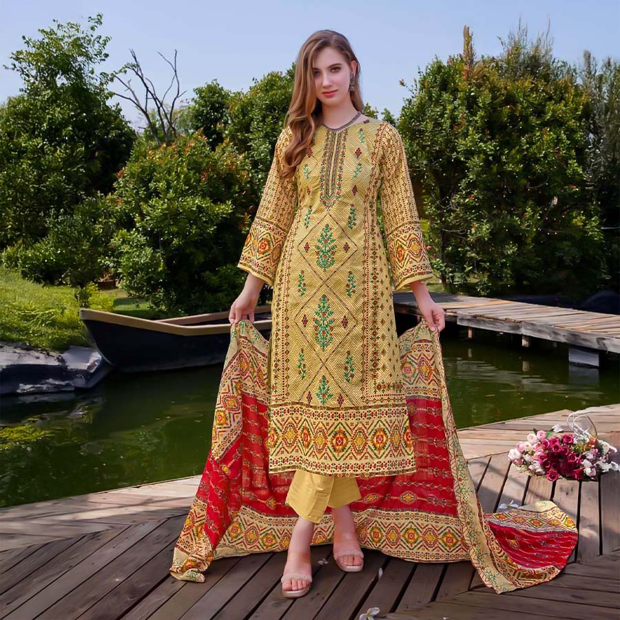 Yellow Cambric Lawn Cotton Printed Salwar Kameez