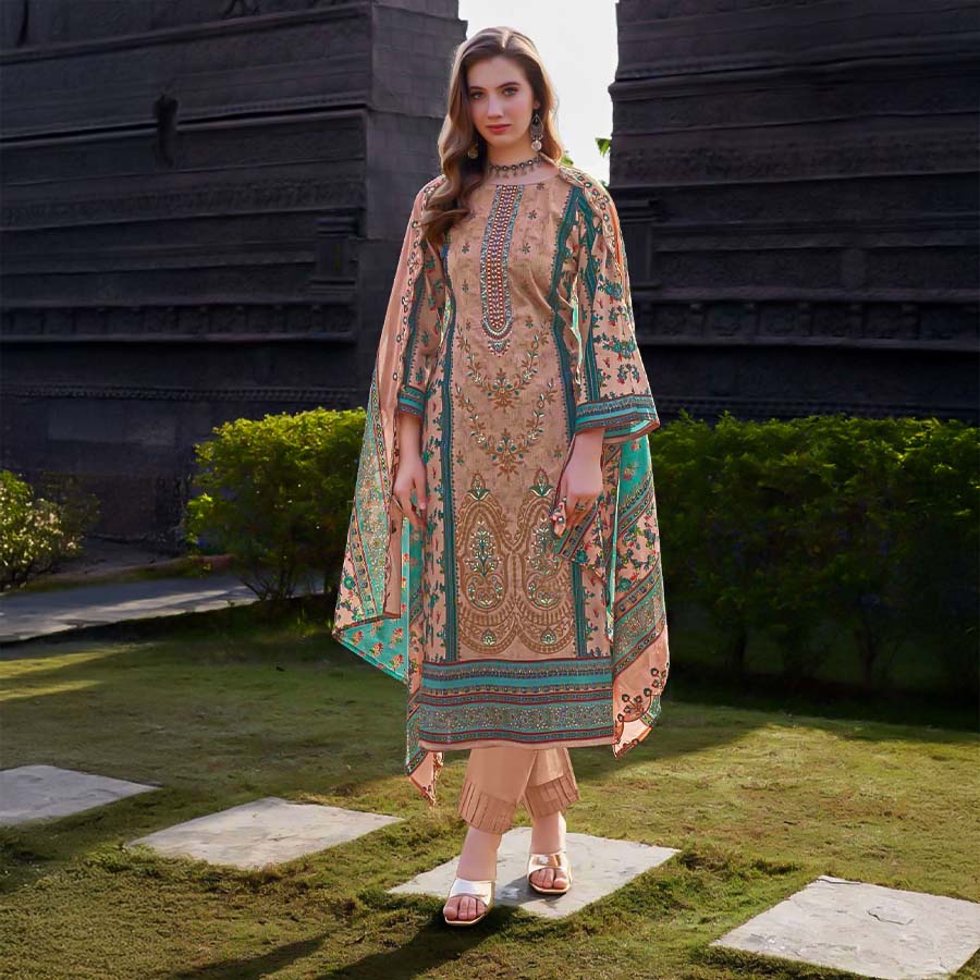 Salmon Cambric Lawn Cotton Printed Salwar Kameez