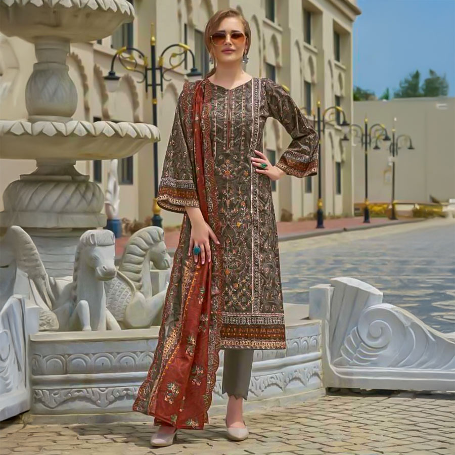 Olive Green  Cambric Lawn Cotton Casual Wear Salwar Kameez