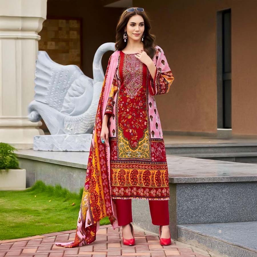 Red  Cambric Cotton Casual Wear Salwar Kameez