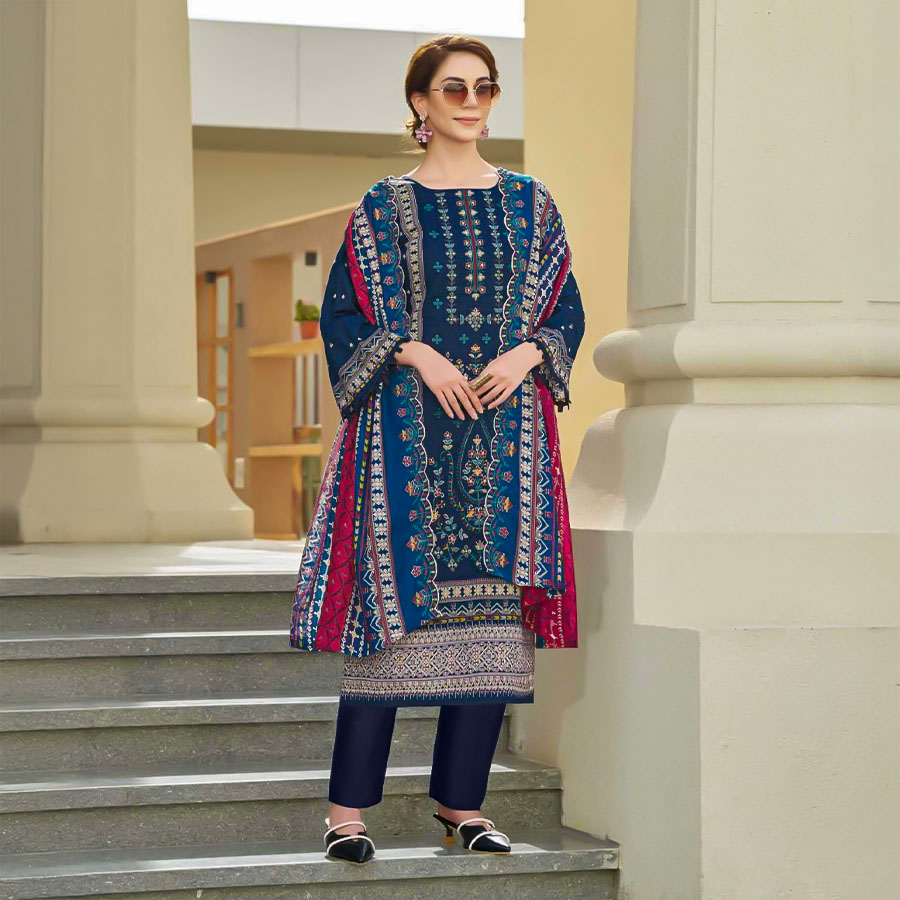 Blue Cambric Lawn Cotton Casual Wear Salwar Kameez