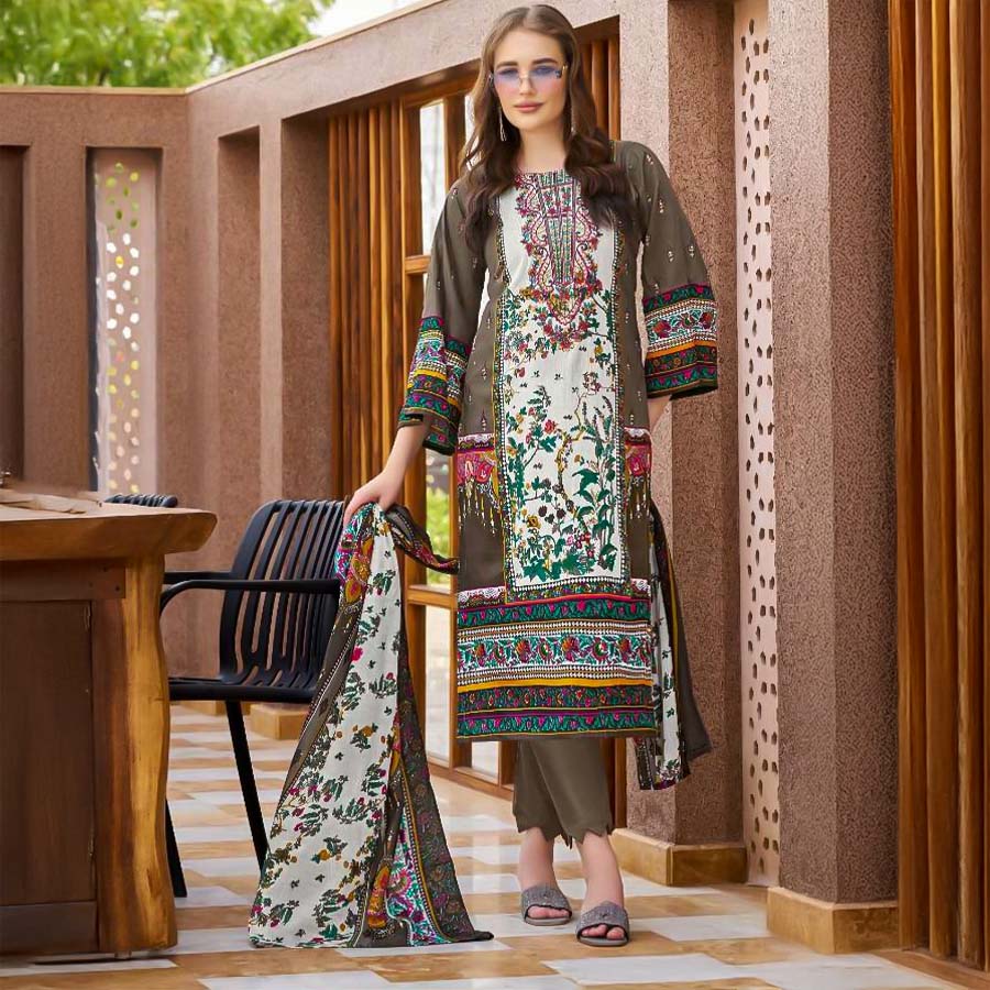 Olive Green Cambric Cotton Casual Wear Salwar Kameez