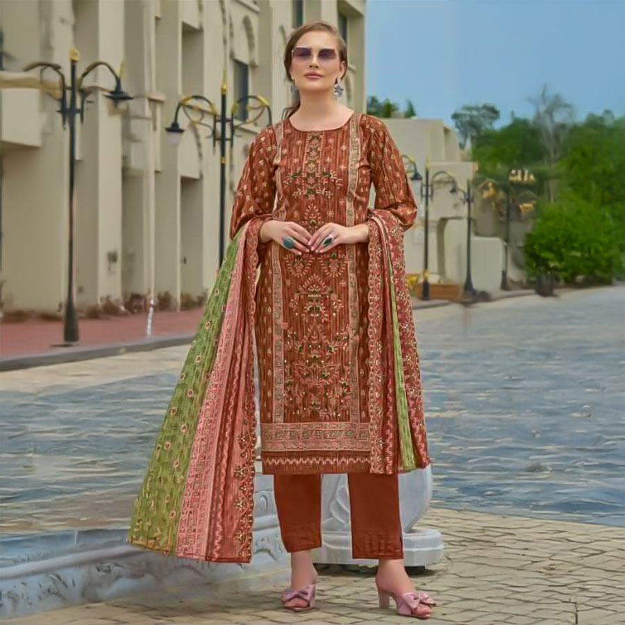Brown Cambric Lawn Cotton Casual Wear Salwar Kameez