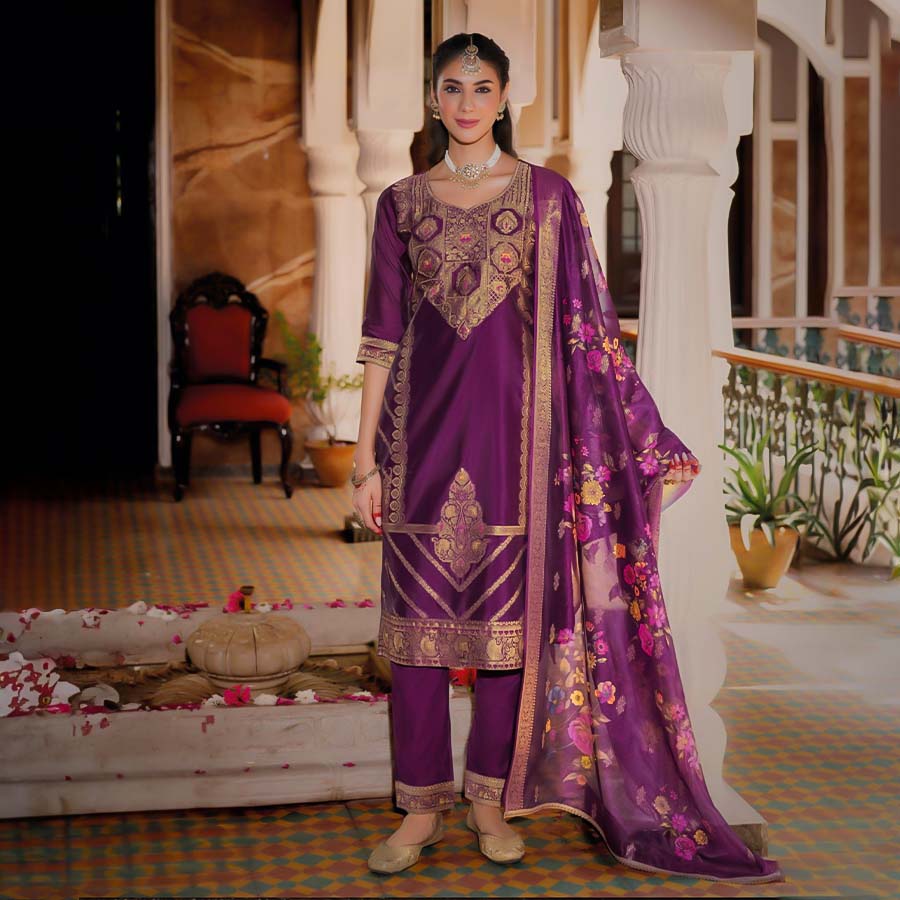 Purple Organza Jacquard Casual Wear Salwar Kameez