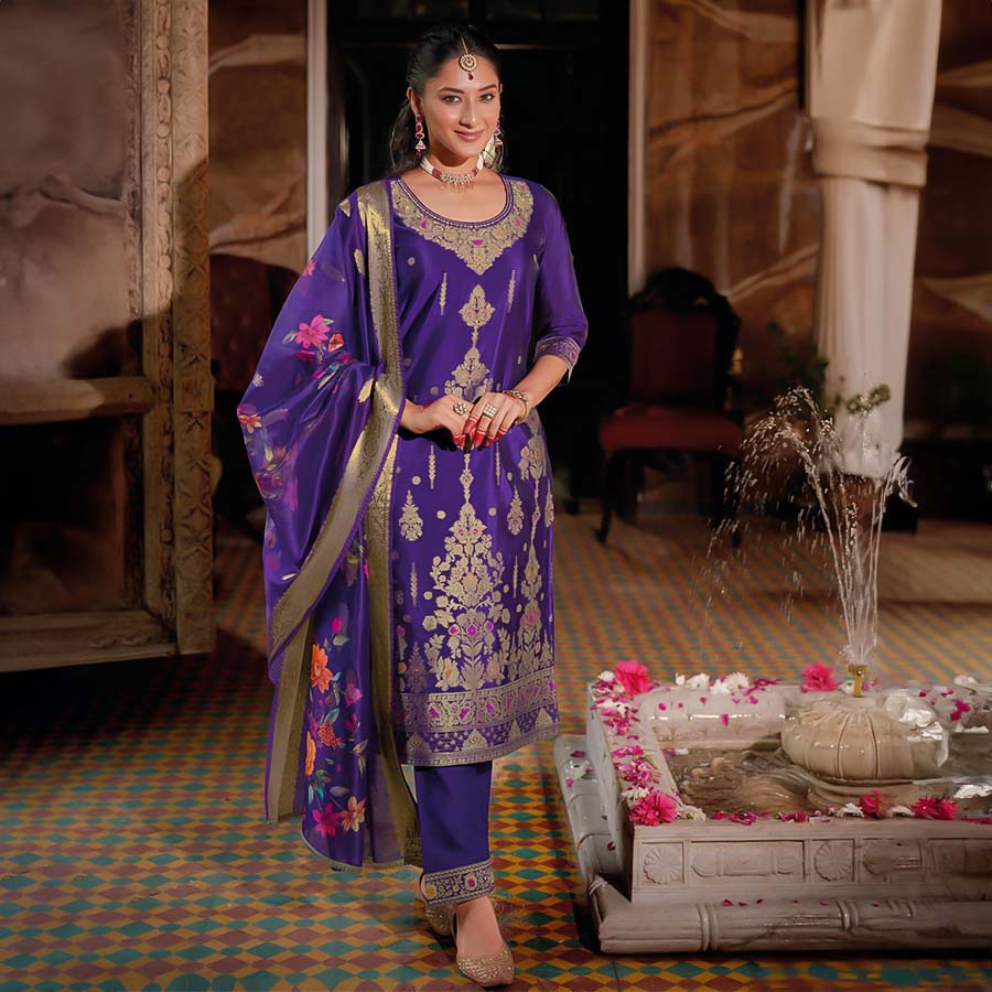 Violet Organza Jacquard Casual Wear Salwar Kameez