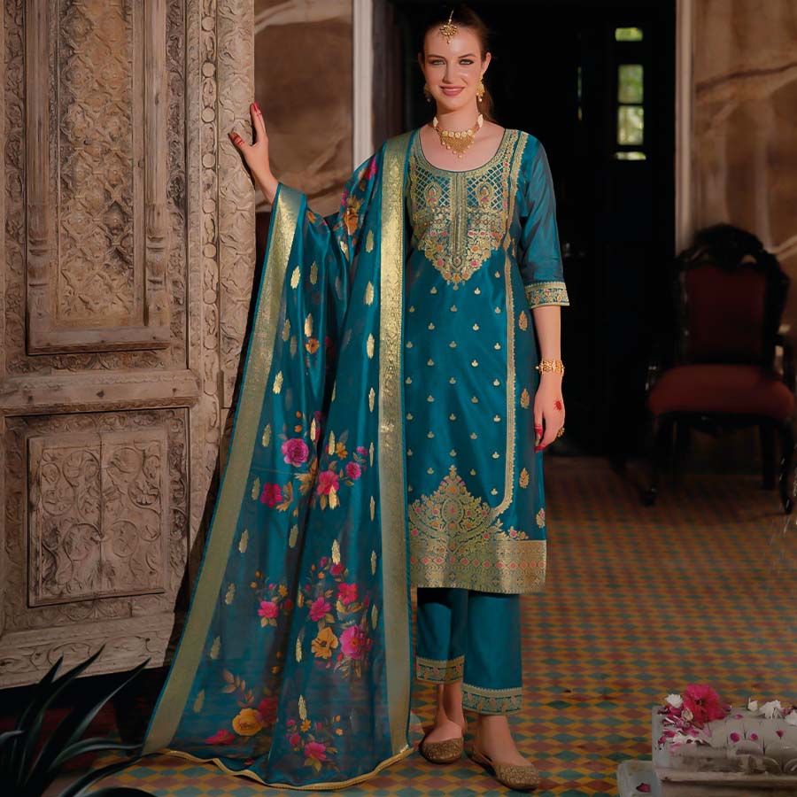 Blue Organza Jacquard Casual Wear Salwar Kameez