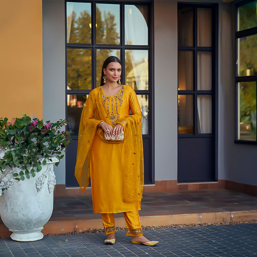 Yellow Vichitra Silk Party Wear Salwar Kameez