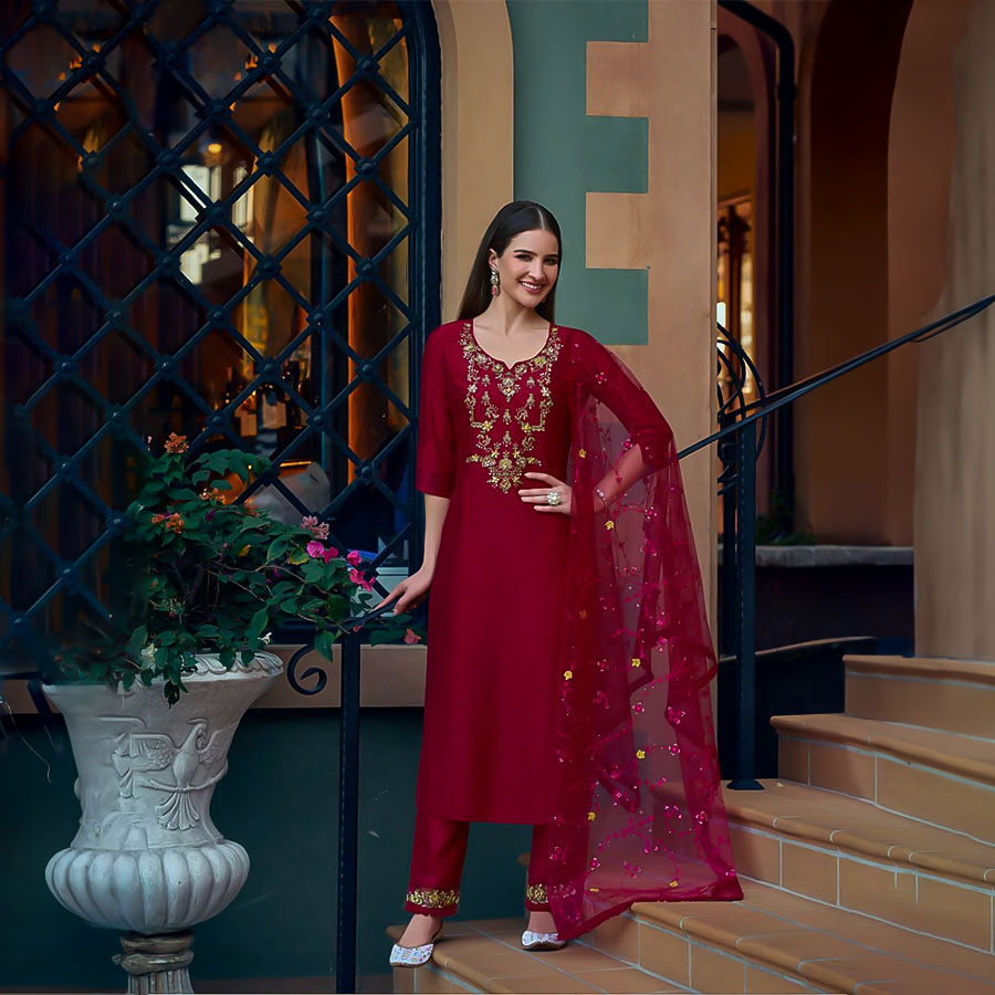 Red Vichitra Silk Party Wear Salwar Kameez