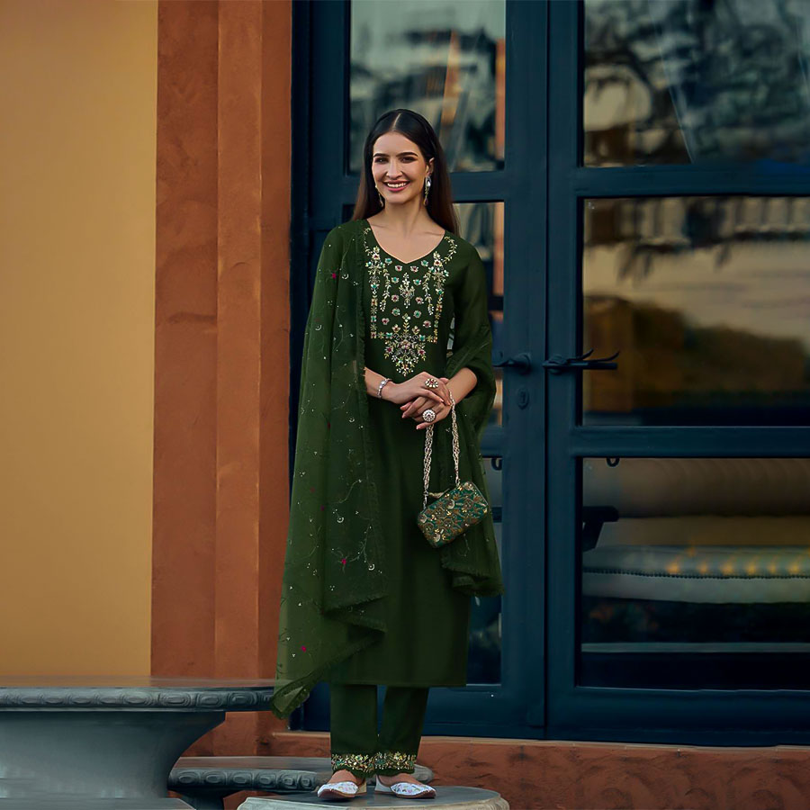 Green Vichitra Silk Party Wear Salwar Kameez