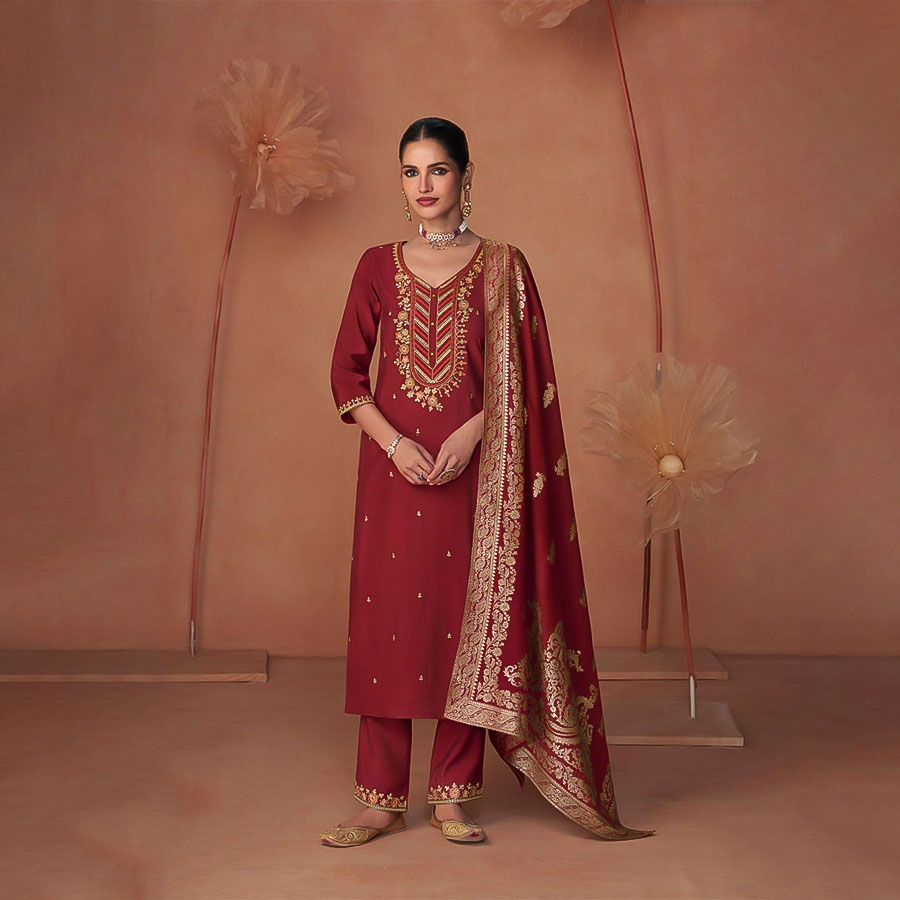 Red  Viscose Casual Wear Salwar Kameez