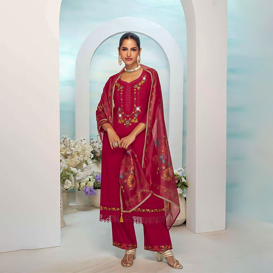 Red  Viscose Silk Party Wear Salwar Kameez