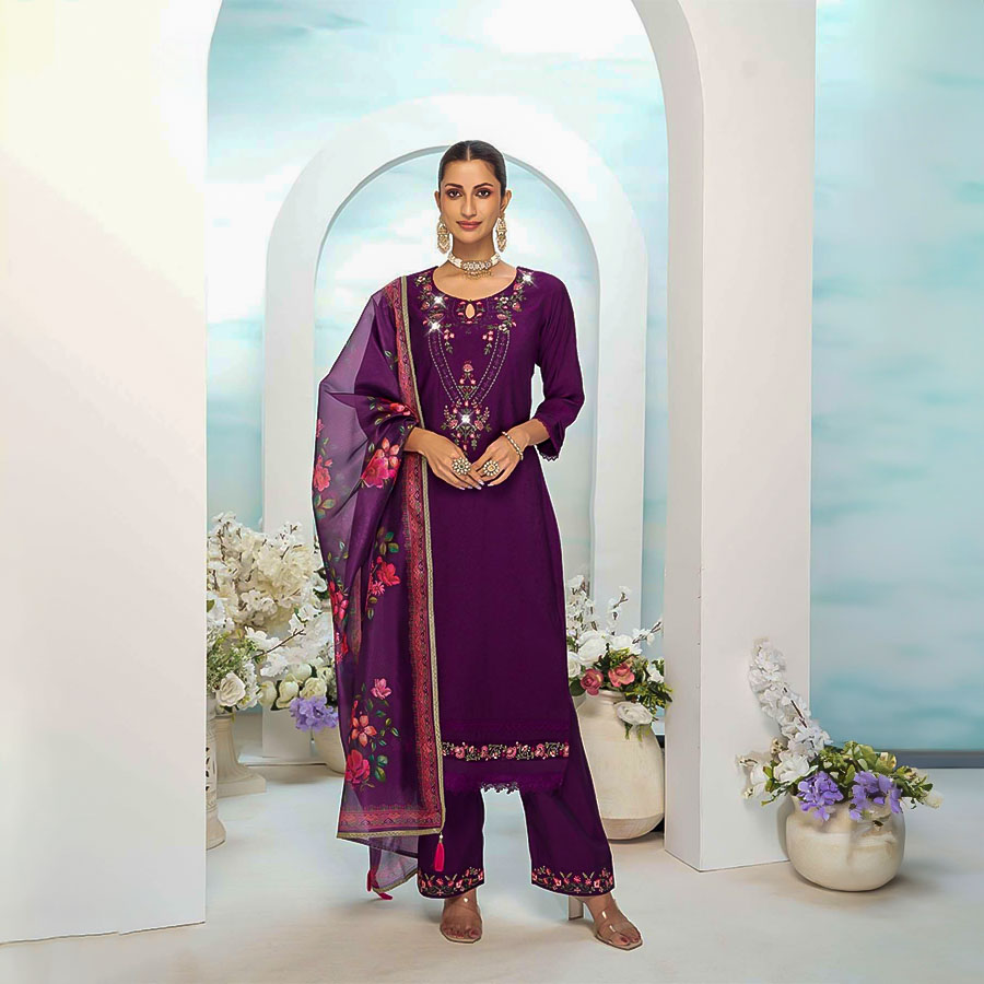 Violet Viscose Silk Party Wear Salwar Kameez