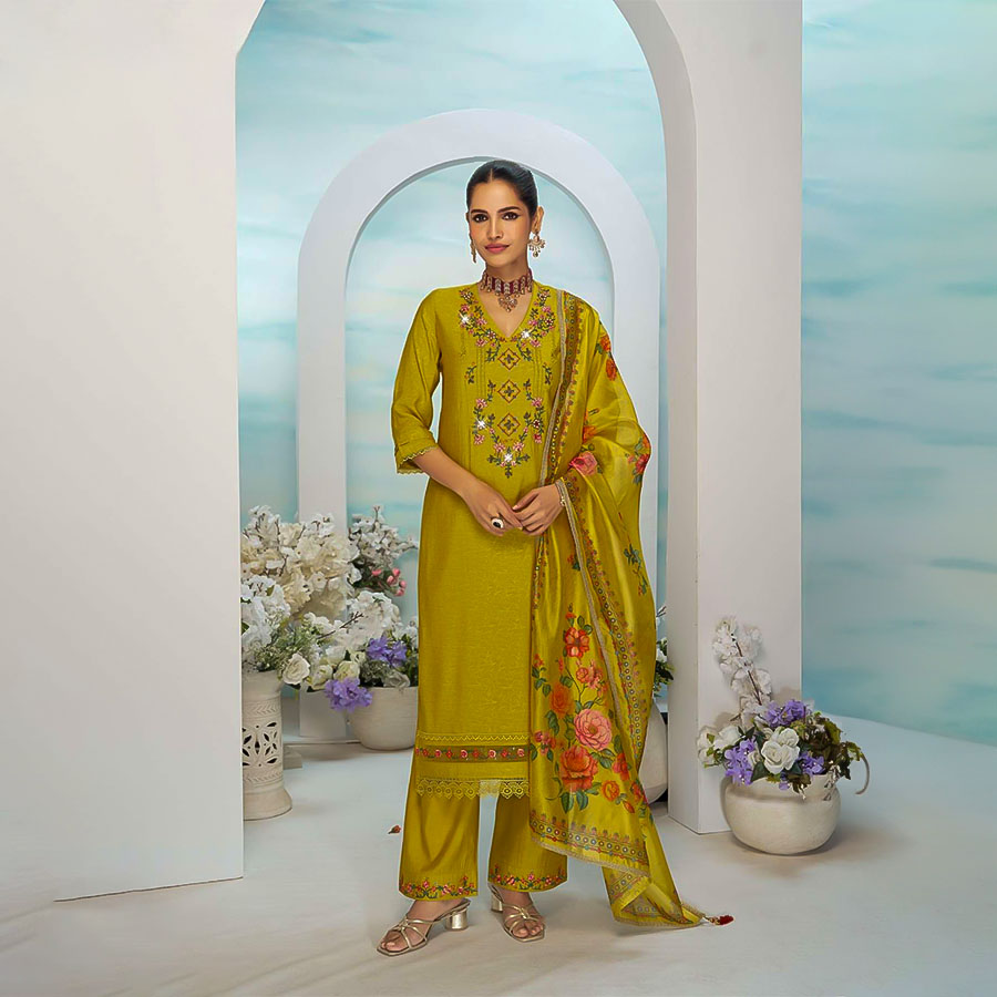 Yellow Viscose Silk Party Wear Salwar Kameez