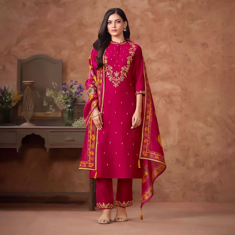 Red Viscose Silk Casual Wear Salwar Kameez