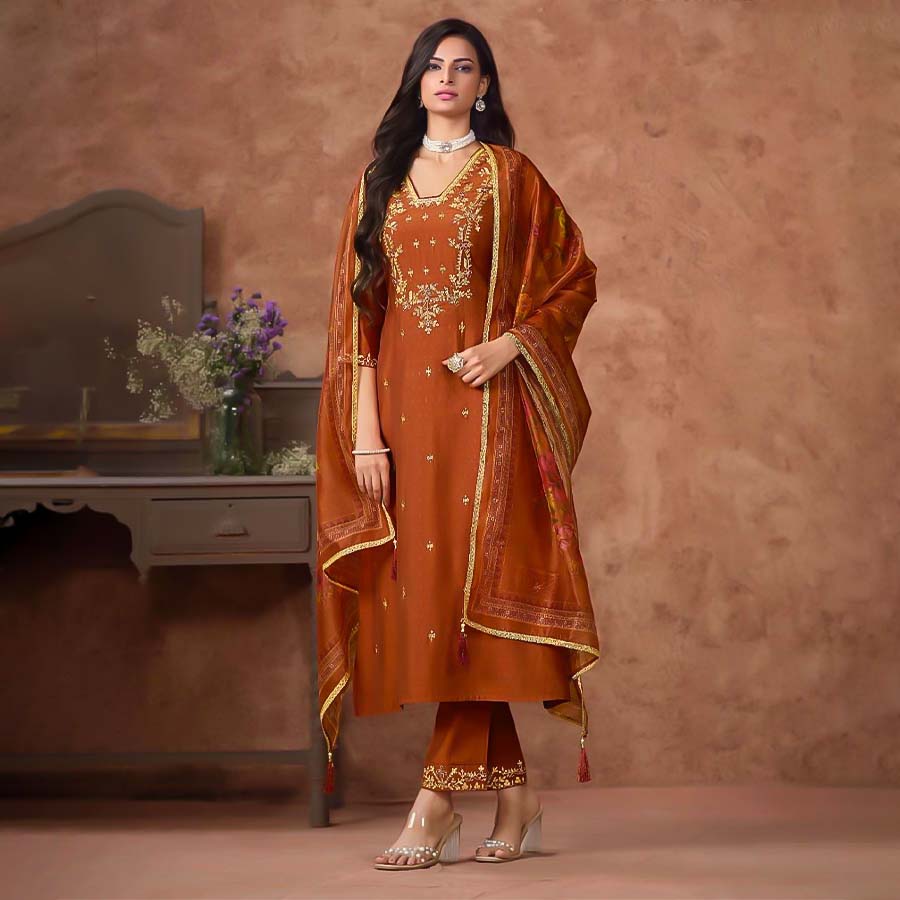 Orange  Viscose Silk Casual Wear Salwar Kameez