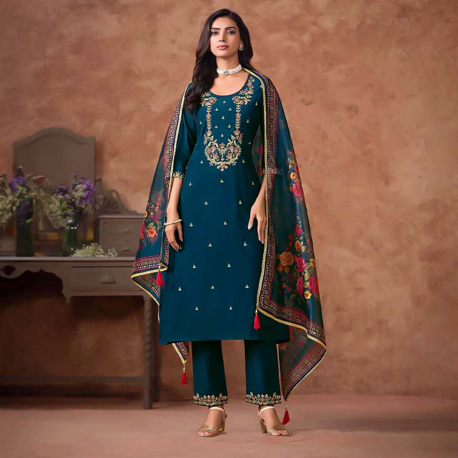 Blue Viscose Silk Casual Wear Salwar Kameez