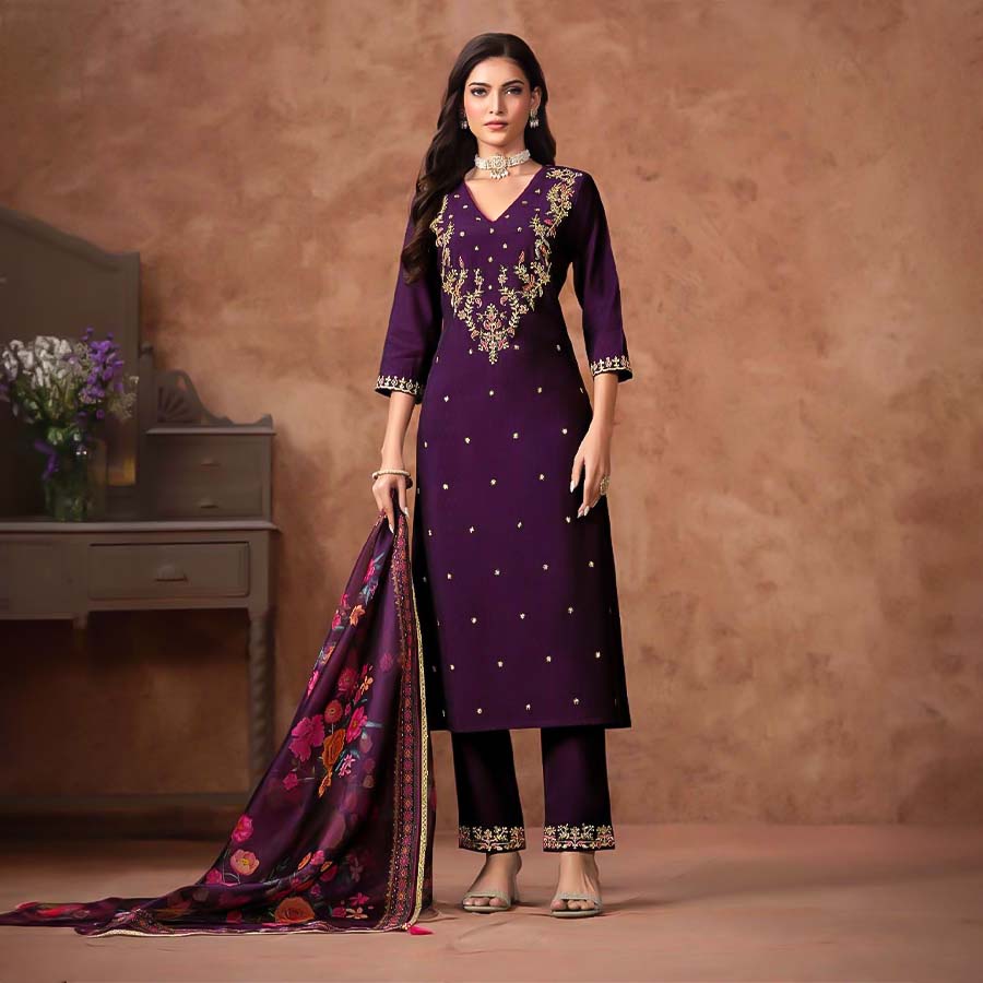 Violet Viscose Silk Casual Wear Salwar Kameez