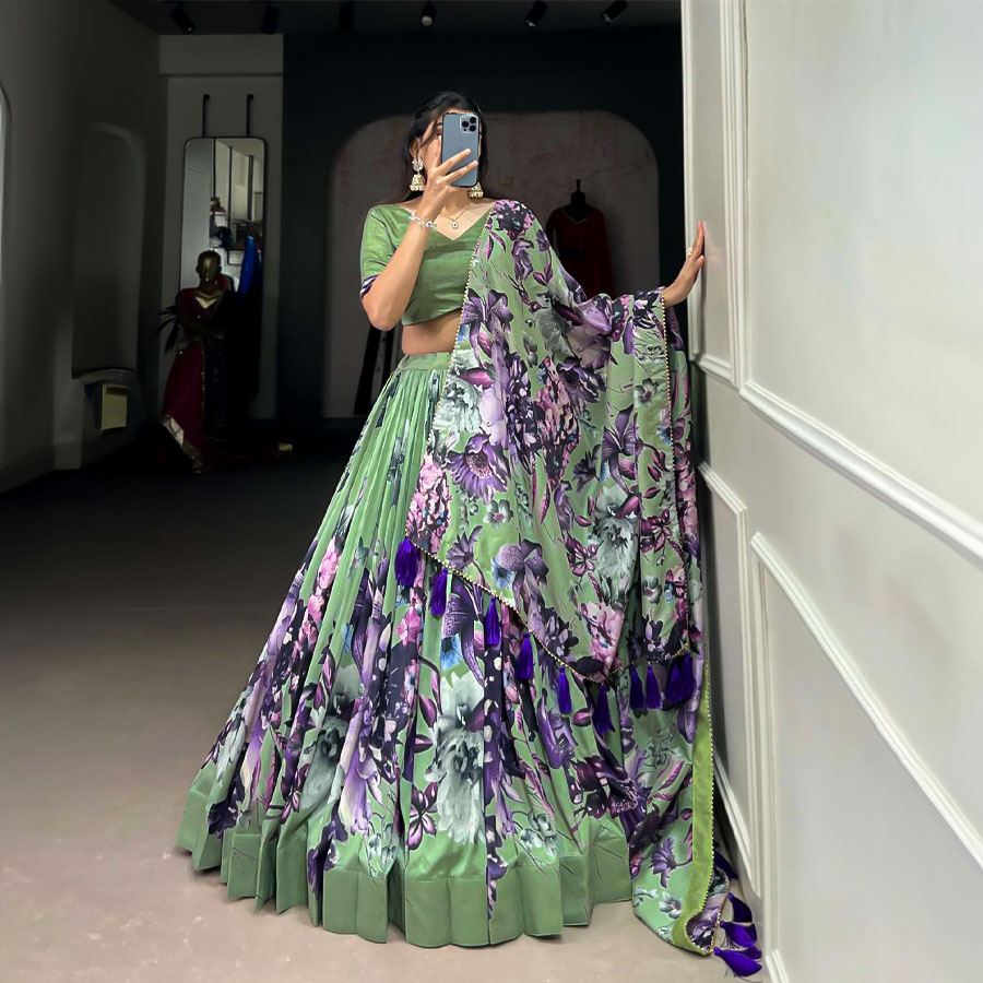 Green  Tusser Silk Casual Wear Lehenga