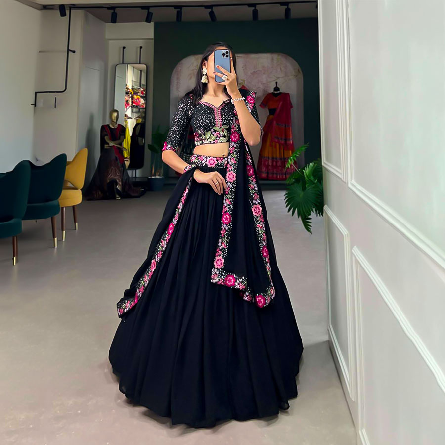 Dark Blue Georgette Party Wear Lehenga