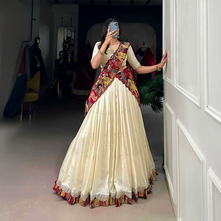 White  Vichitra Silk Party Wear Lehenga