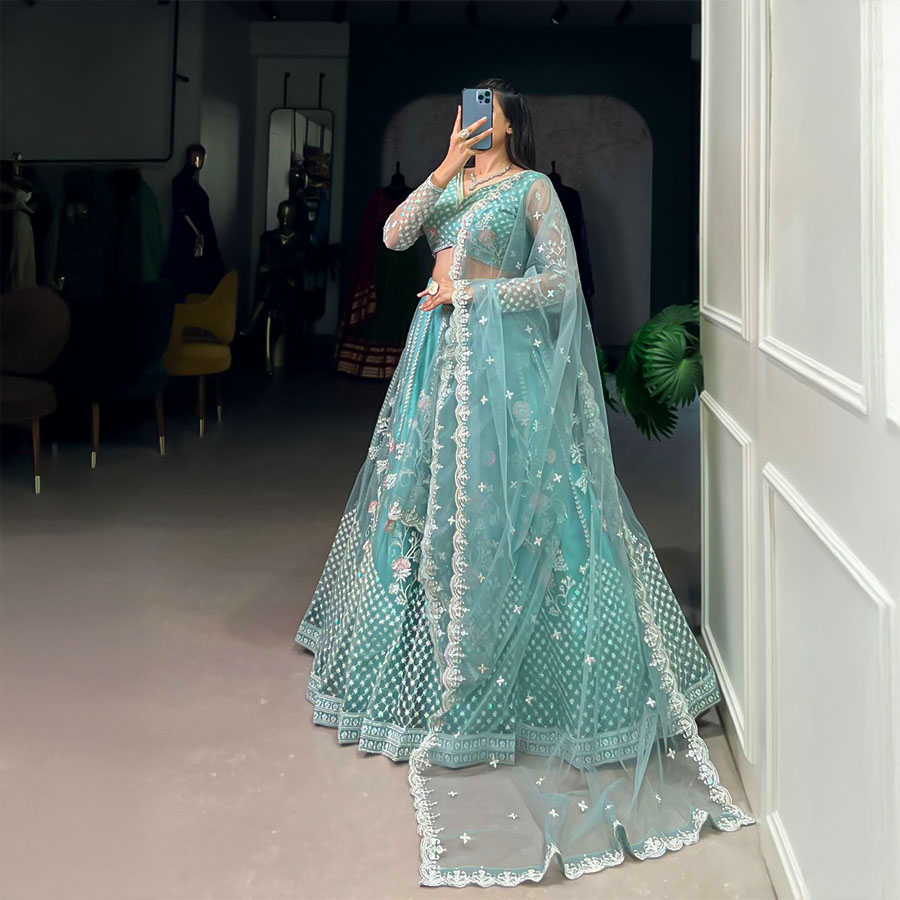 Sky Blue Net Party Wear Lehenga