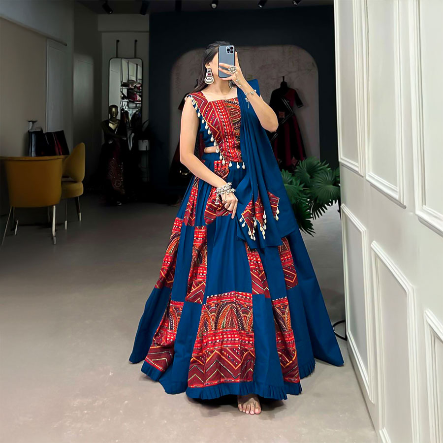 Blue Cotton Party Wear Lehenga