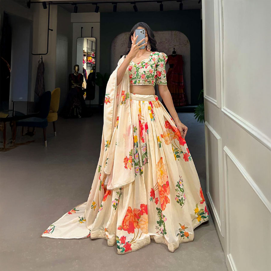 White  Georgette Casual Wear Lehenga