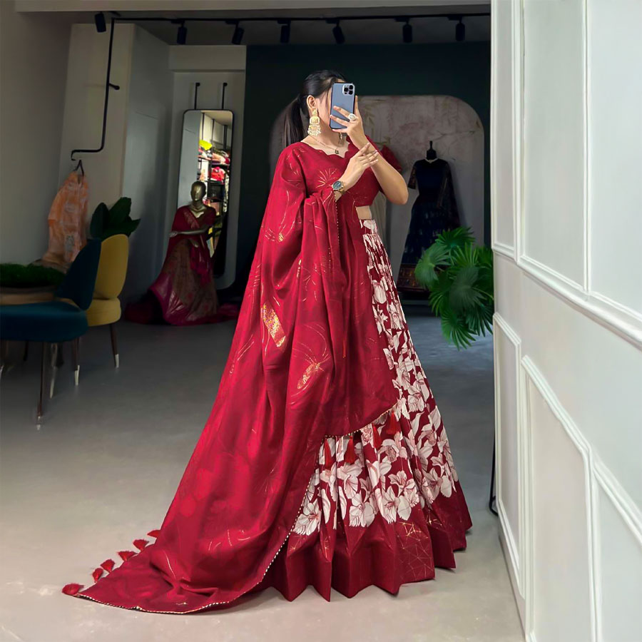 Red  Tusser Silk Casual Wear Lehenga