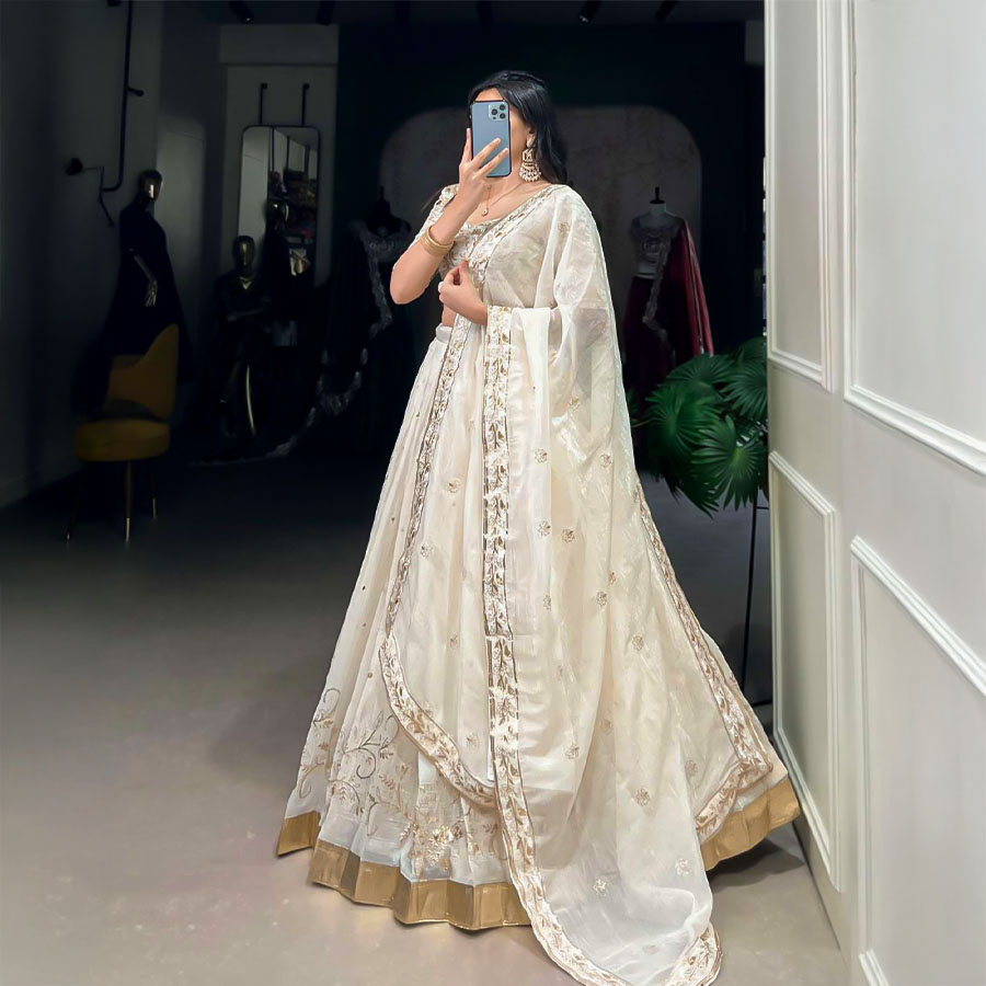 White  Silver Glosy  Party Wear Lehenga