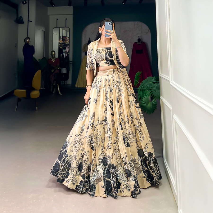 Yellow  Tusser Silk Casual Wear Lehenga