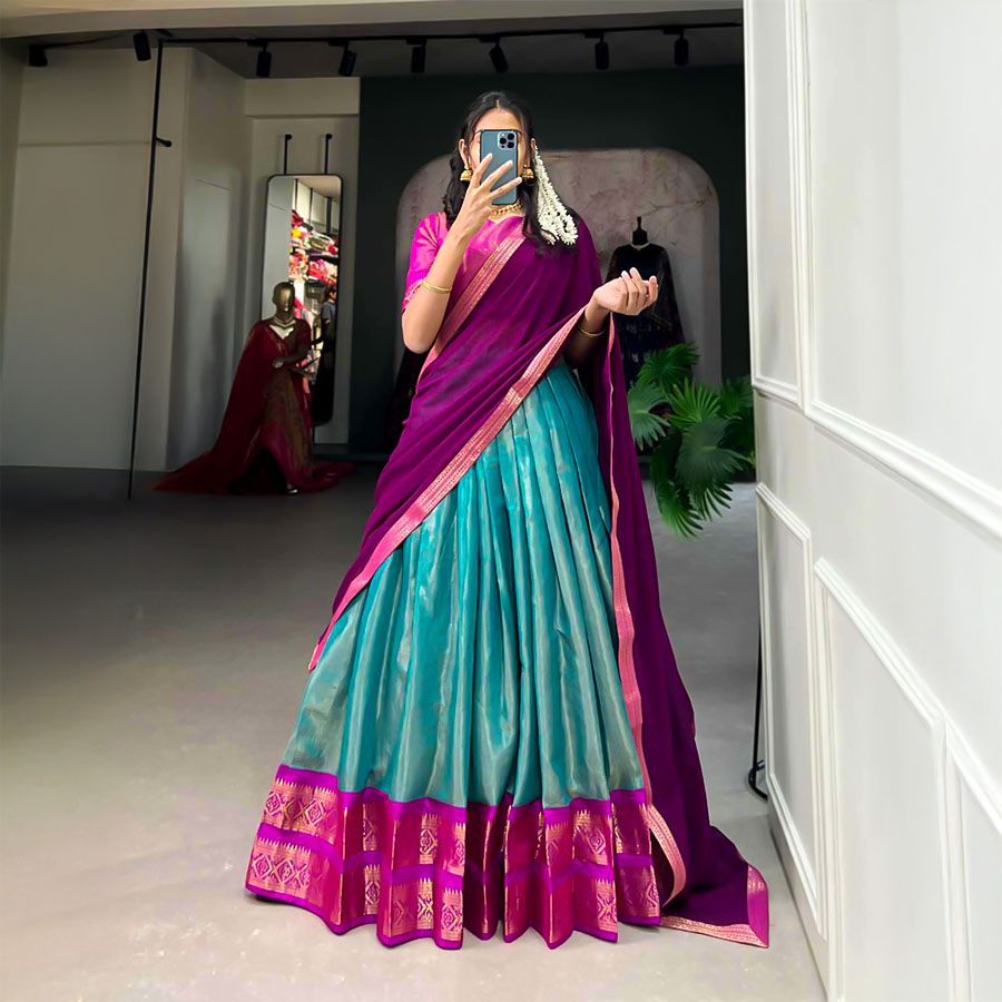 Sky Blue Kanchipuram Casual Wear Lehenga