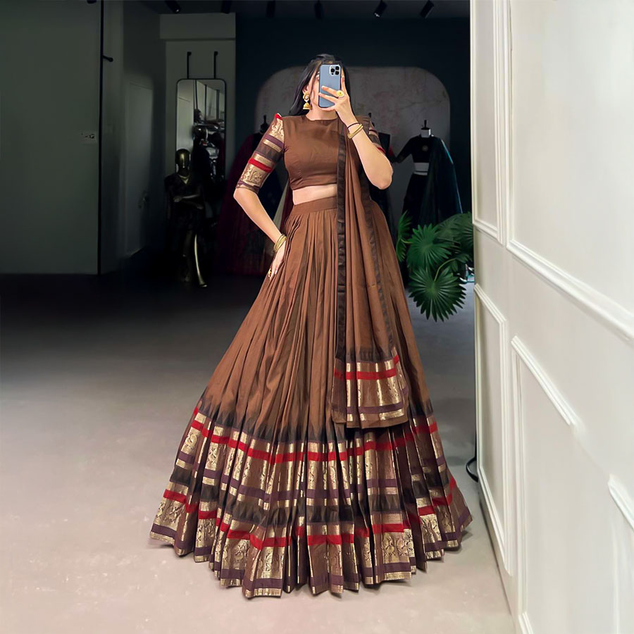 Brown  Chanderi Casual Wear Lehenga
