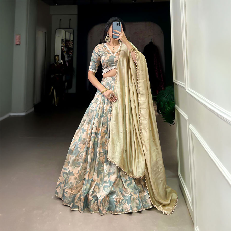 Green  Tusser Silk  Casual Wear Lehenga