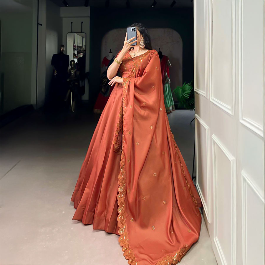 Orange  Korean Pure Tussar   Casual Wear Lehenga