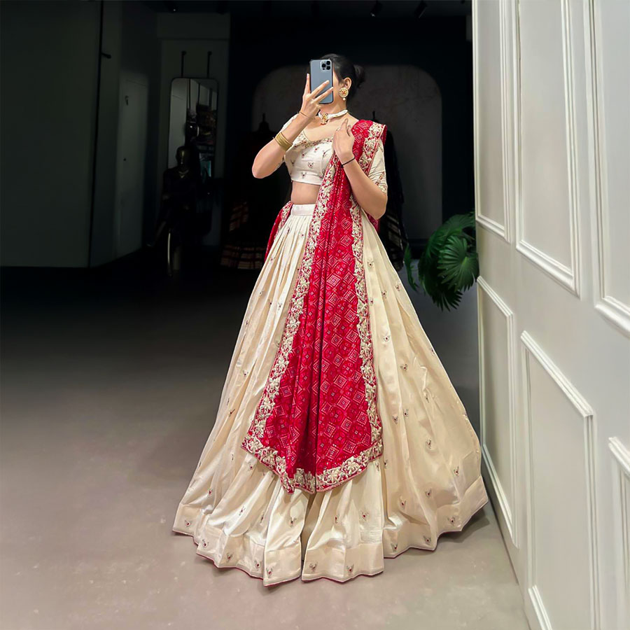 White  Vichitra Silk    Casual Wear Lehenga