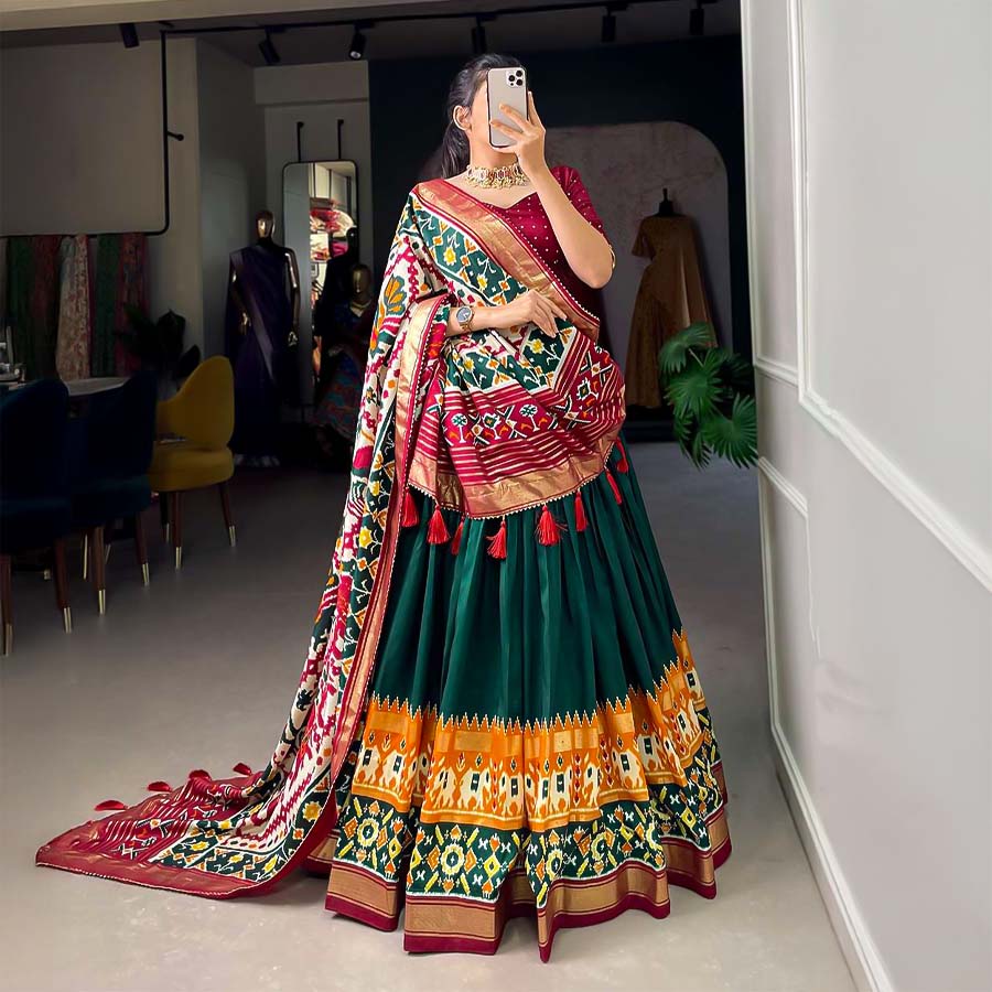 Green  Tusser Silk  Casual Wear Lehenga