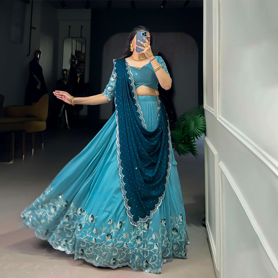 Sky Blue Silver Glosy Party Wear Lehenga